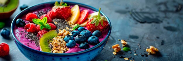 鮮やかなフルーツのナッツと種子で覆われたカラフルなスムージーボウル - 栄養のある朝食の選択肢の活発な色と質感を展示する - ゲネレーティブAI