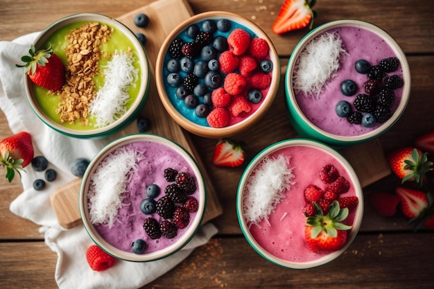 Colorful Smoothie Bowls with Granola and Berries