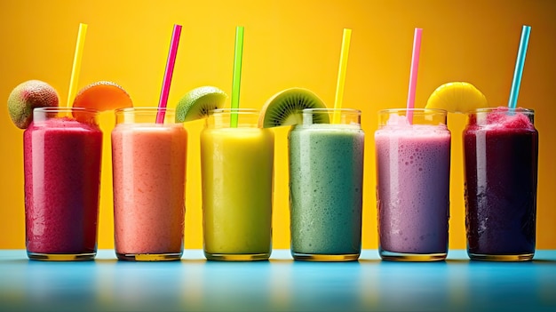 Colorful smoothies on bright background