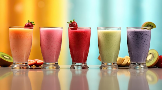 Colorful smoothies on bright background