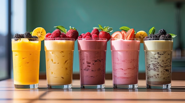 Colorful smoothies on bright background