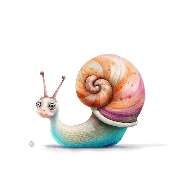 A colorful snail with a white face and a purple shell on the bottom.