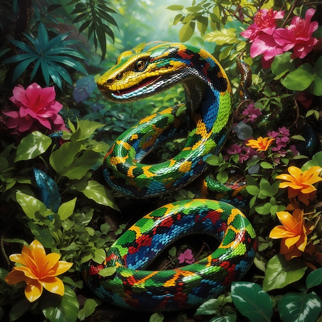 Foto serpente colorato tra foglie e fiori