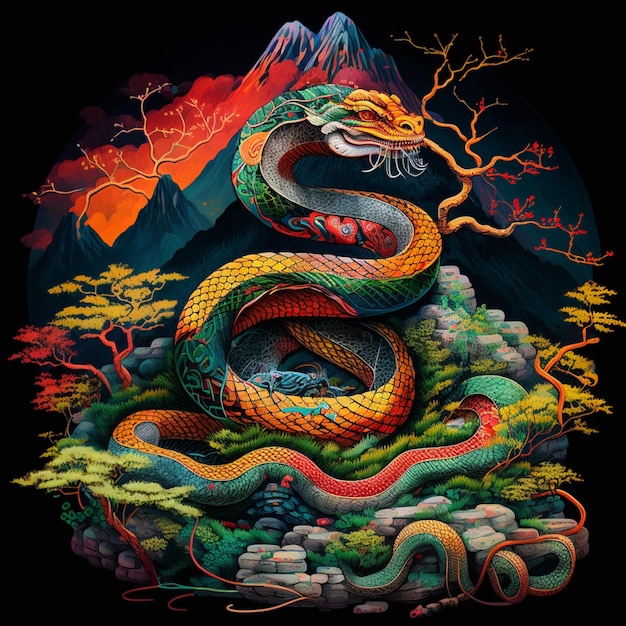 A colorful snake is on a mountain with a mountain in the background.