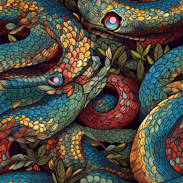 A colorful snake and a snake on a black background.