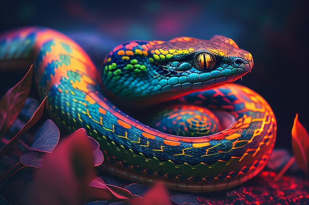 A colorful snake with a blue head and a yellow eye.