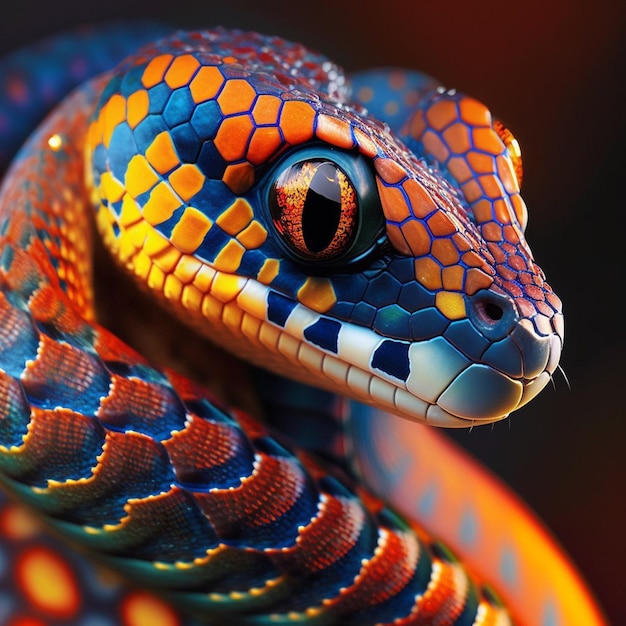 A colorful snake with blue and orange eyes is photographed in a close up view.