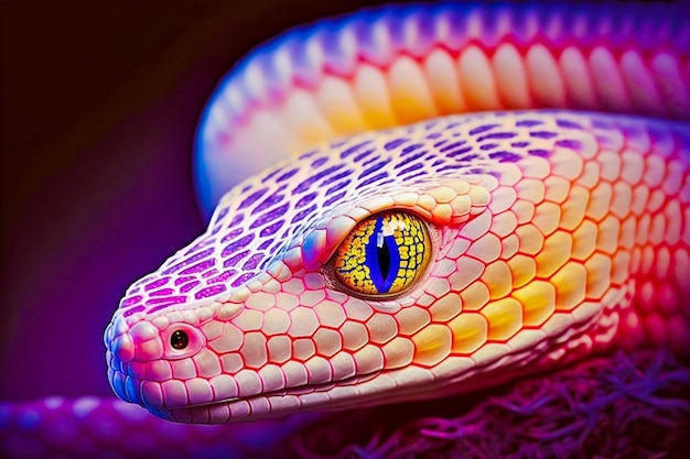 A colorful snake with a yellow eye