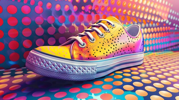 Photo colorful sneaker with a geometric pattern on a polka dot background the sneaker is yellow and pink with white polka dots