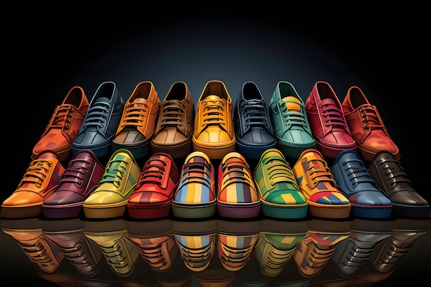 Цветные кроссовки, изображенные в векторном стиле, смело выделяются на глубоком черном фоне