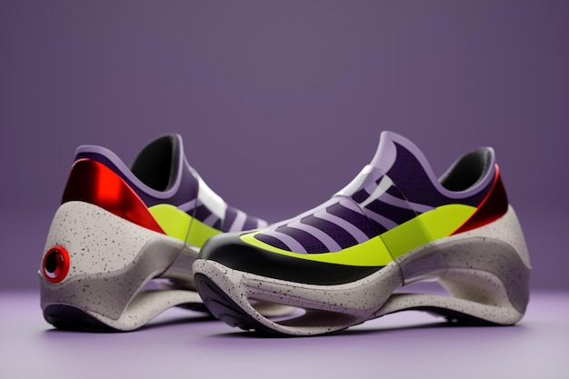 Colorful sneakers on the sole The concept of bright fashionable sneakers 3D rendering