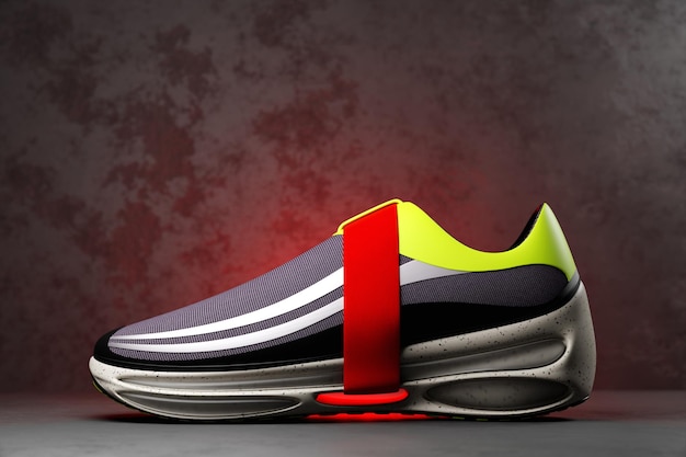 Colorful sneakers on the sole The concept of bright fashionable sneakers 3D rendering