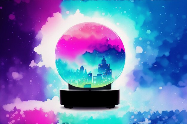 A colorful snow globe with a city in the background