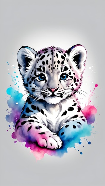 Colorful Snow leopard illustration on watercolor splash isolated on white background