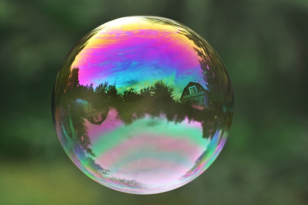 Colorful soap bubble on a green background