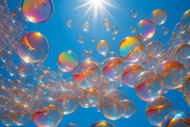 Photo colorful soap bubbles against blue sky background