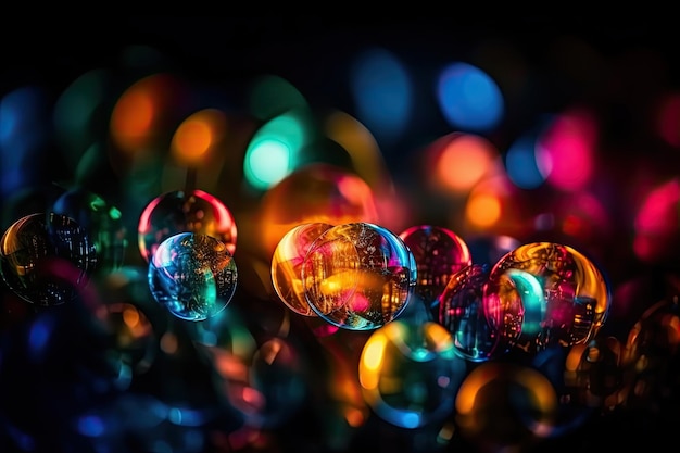Colorful soap bubbles floating on a wooden surface