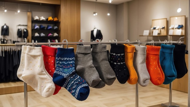 Colorful socks hanging on display in shop