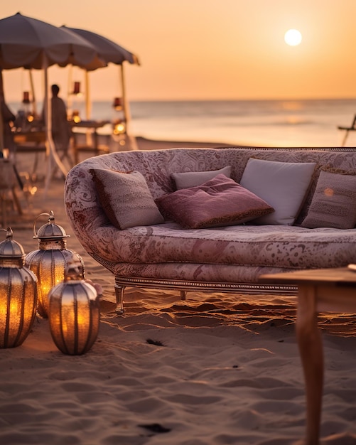 Photo colorful sofa on the beach at sunset