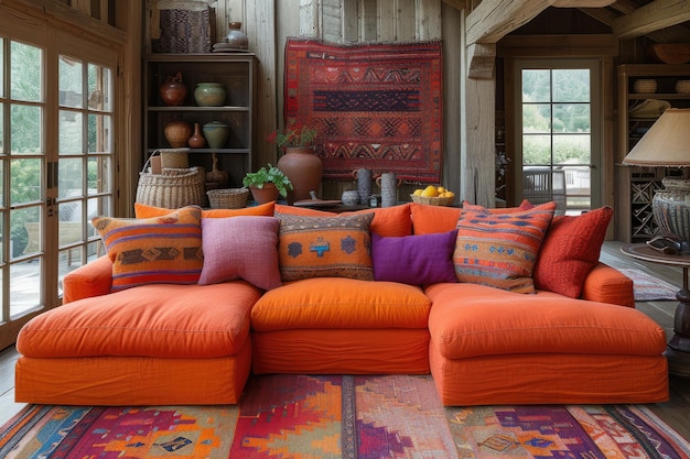 colorful sofa and cushions in cozy living room with scandinavians style inspiration ideas