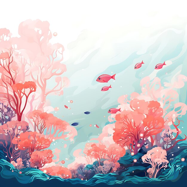 Colorful of Soft Coral Reef Underwater Background With Blue Ink Splatter Handrawn Watercolor Style