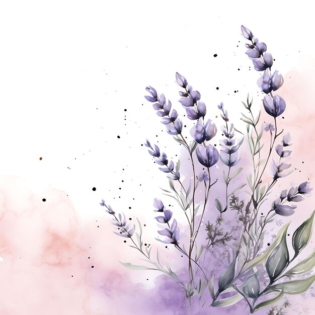 Foto colorato sullo sfondo di lavanda morbida con macchie di carbone e illustrato con acquerelli disegnati a mano