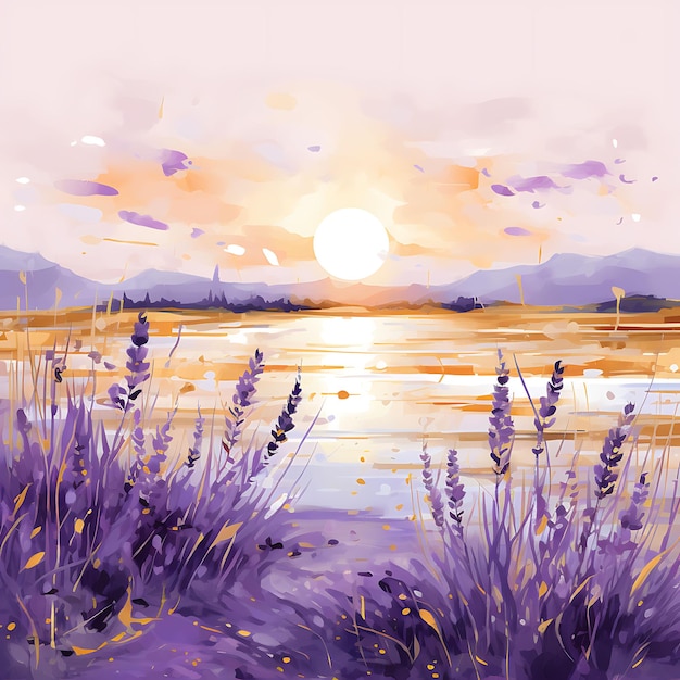 Photo colorful of soft lavender background with golden ink drops sketched lave handrawn watercolor style