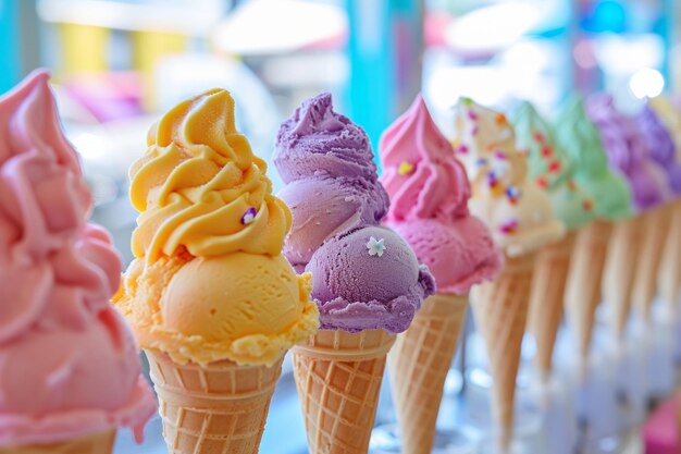 Foto colorati coni di gelato morbido in fila con uno sfondo sfocato