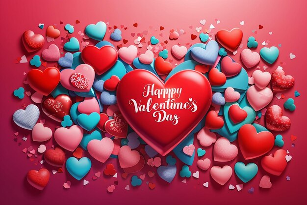 赤い背景にカラフルなソフトで滑らかなバレンタイン ハート、真ん中に幸せなバレンタインデーの挨拶