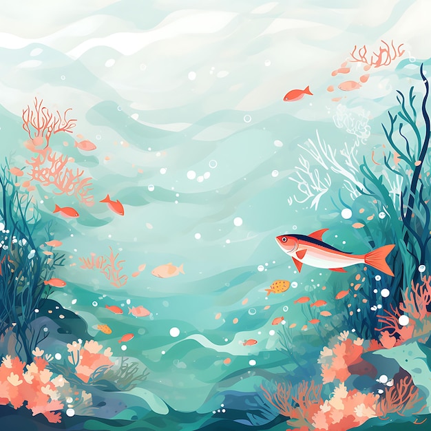 Colorful of Soft Teal and Coral Reef Background With Scattered Pearl Spe Handrawn Watercolor Style