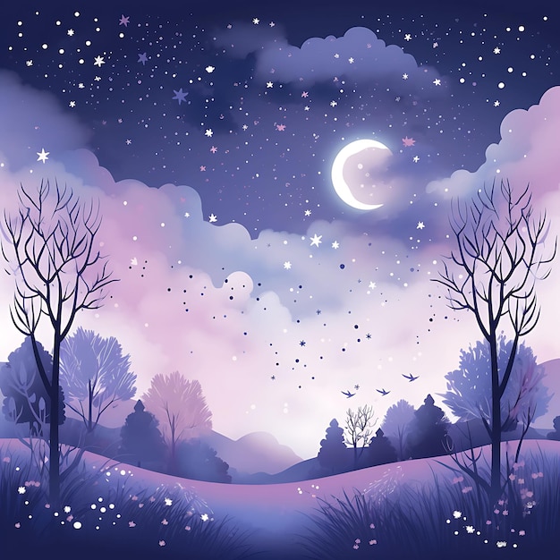 Colorful of Soft Violet Lavender Night Sky Background With Stardust Spec Handrawn Watercolor Style