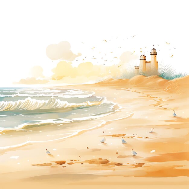 Colorful of Soft Yellow and White Summer Beach Background With Sunlight Handrawn Watercolor Style