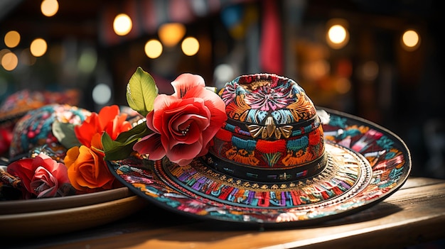 A colorful sombrero hat on table with intricate embroidery and vibrant patterns
