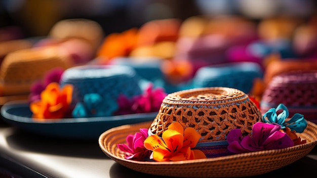 Photo colorful sombreros arranged decoratively a wallpaper