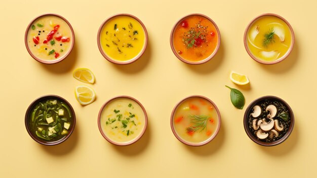 Colorful Soup Bowls On Yellow Background Mediterraneaninspired Food Photography