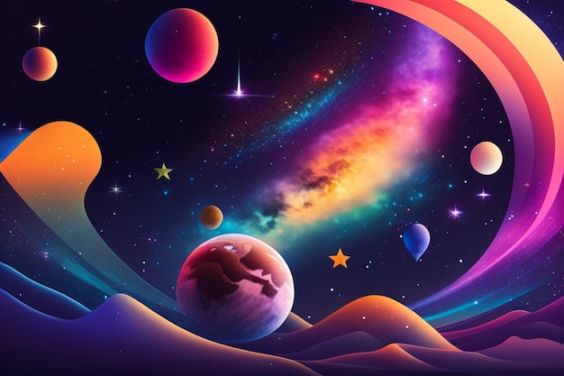 A colorful space background with a planet and a lion on it.