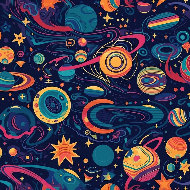 A colorful space background with planets and stars.