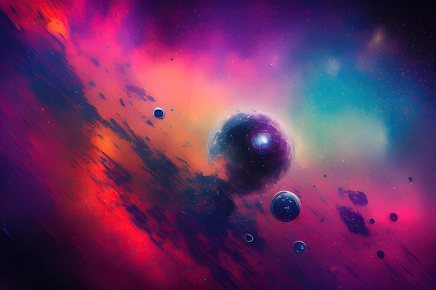 A colorful space painting with planets and stars.