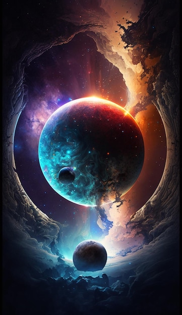 A colorful space poster with planets and clouds