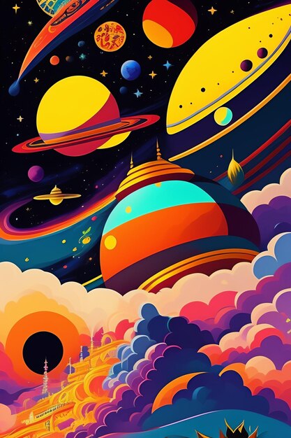 A colorful space poster with planets and moons.
