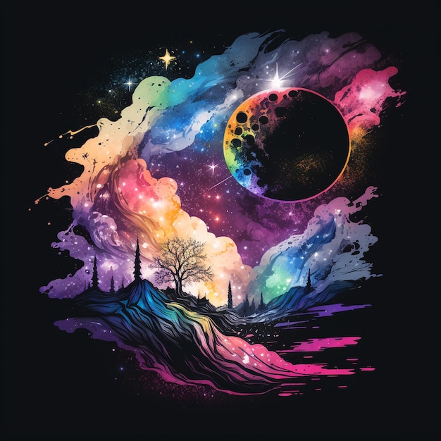 A colorful space poster with a tree and a planet in the background.