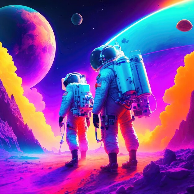 A colorful space poster with two astronauts on the moon.