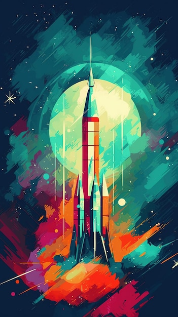 A colorful space rocket with the moon in the background.