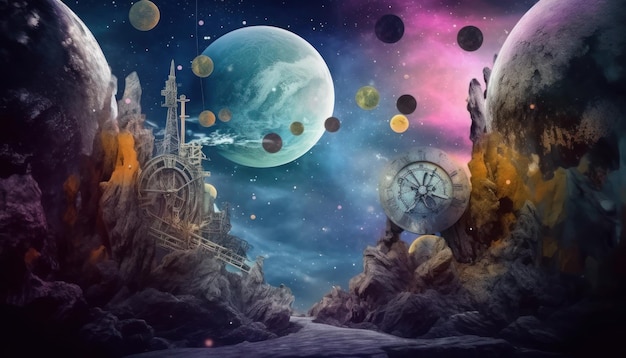 A colorful space scene with a moon and planets