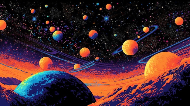 a colorful space scene with planets and stars