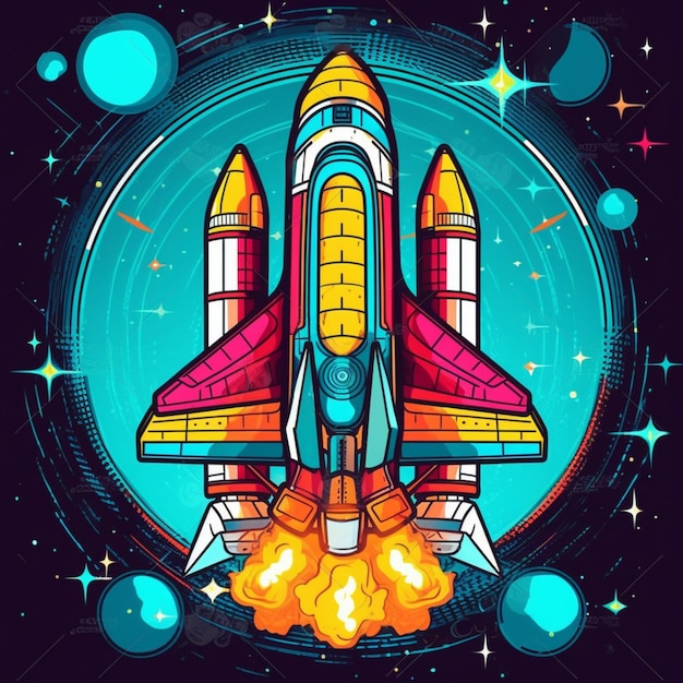 A colorful space shuttle flying through the sky with stars generative ai