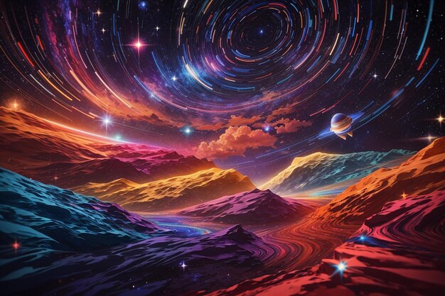 Colorful space travel through stars trails