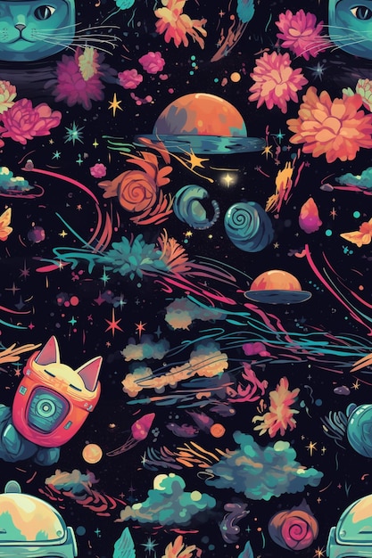 A colorful space wallpaper with a cat on it.