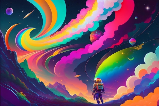 Colorful space wallpaper with a colorful rainbow and a man walking on the ground