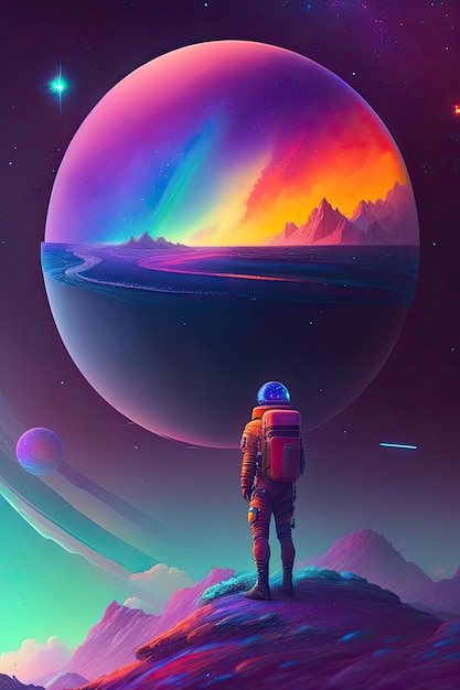 惑星と虹を見ている男性が描かれたカラフルな宇宙の壁紙。